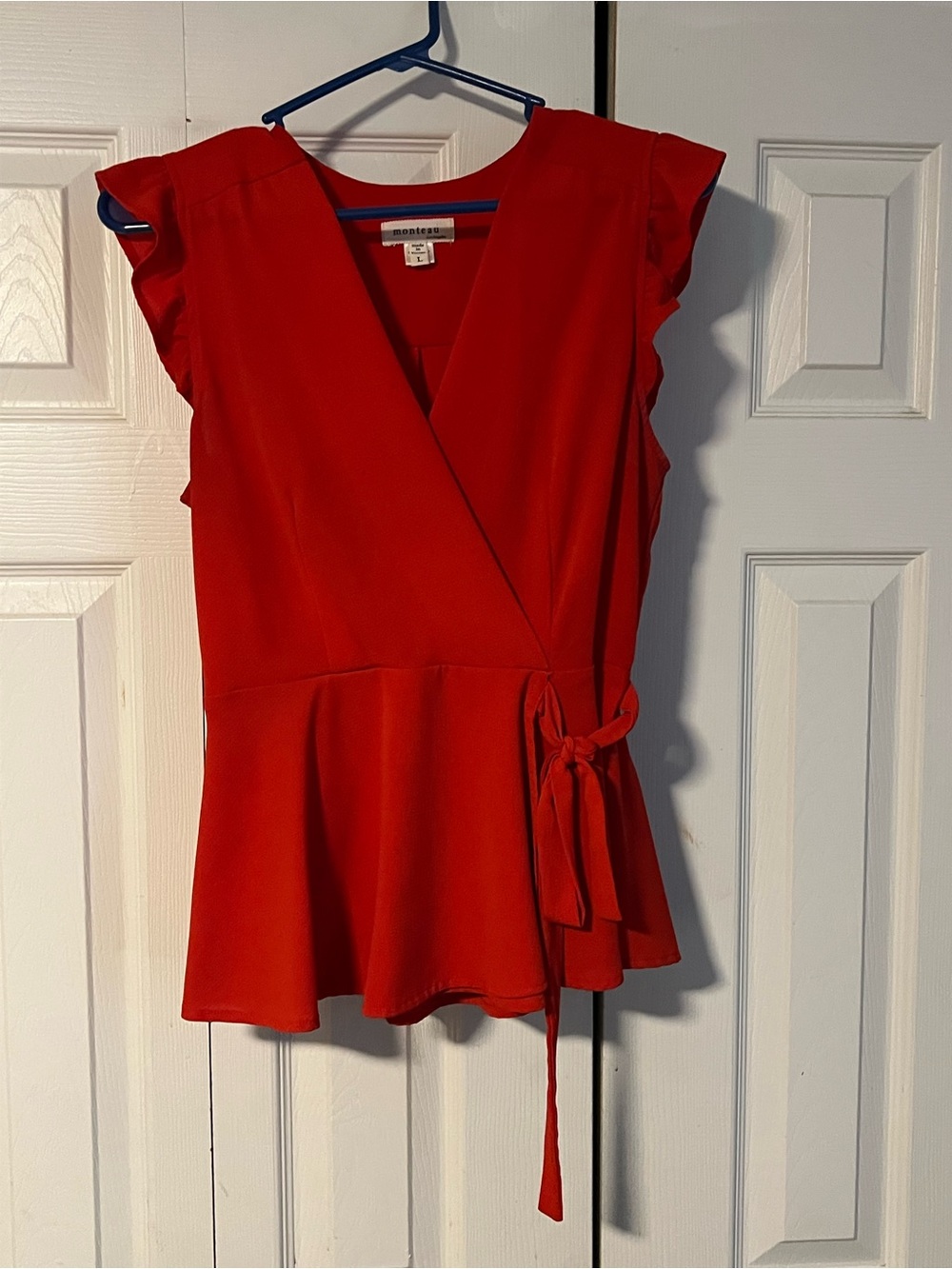 Monteau Bright Red Wrap Peplum Blouse